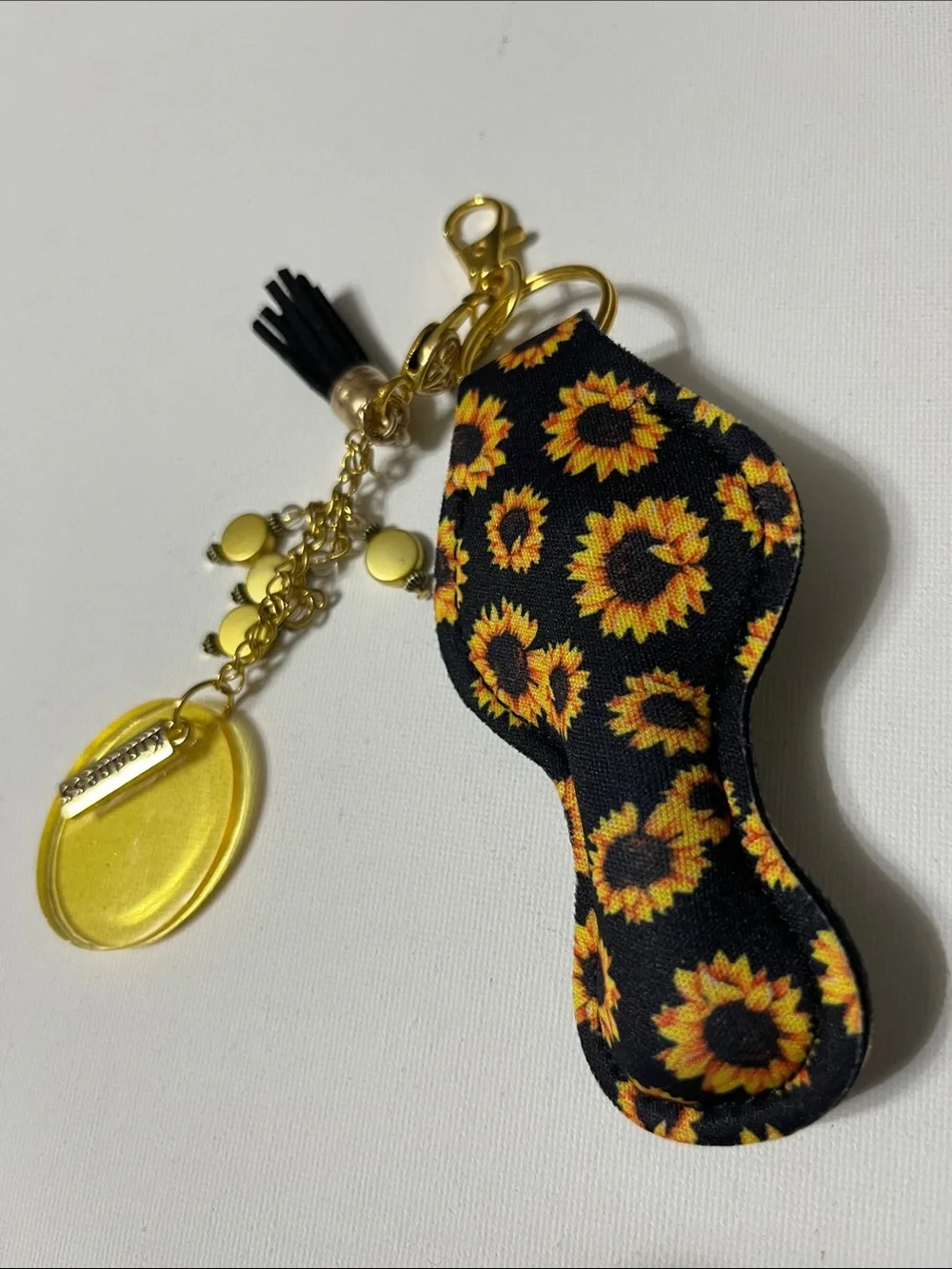 Sunflower Print Lip balm Detachable Keychain Gold Charm 2 pr Earrings